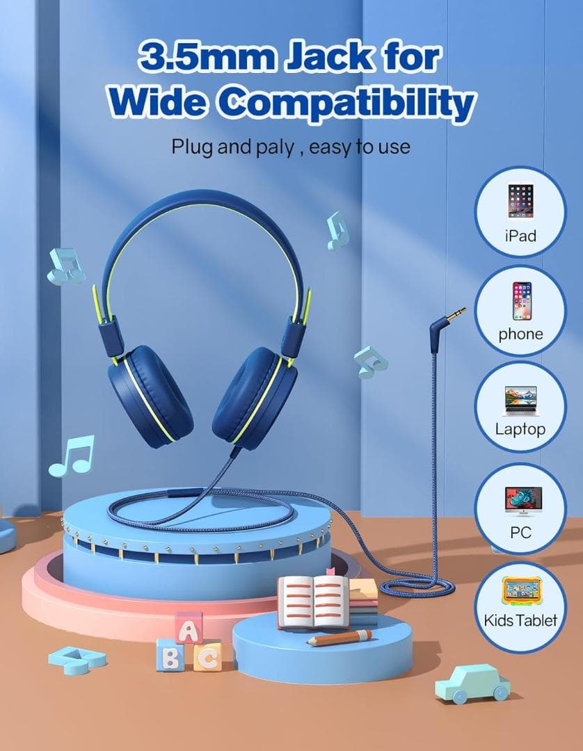 キッズヘッドフォン マイク付き - 91dB 有線オンイヤー ヘッドセット 子供