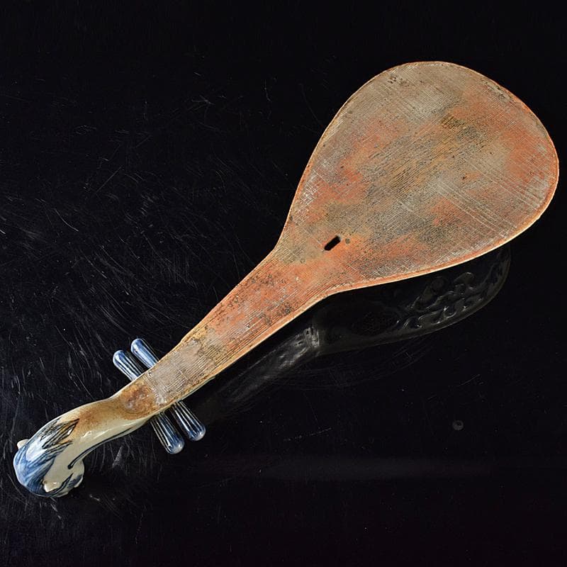 中国　青花　山水神獣文　馬頭琵琶　置物　M　R7978B