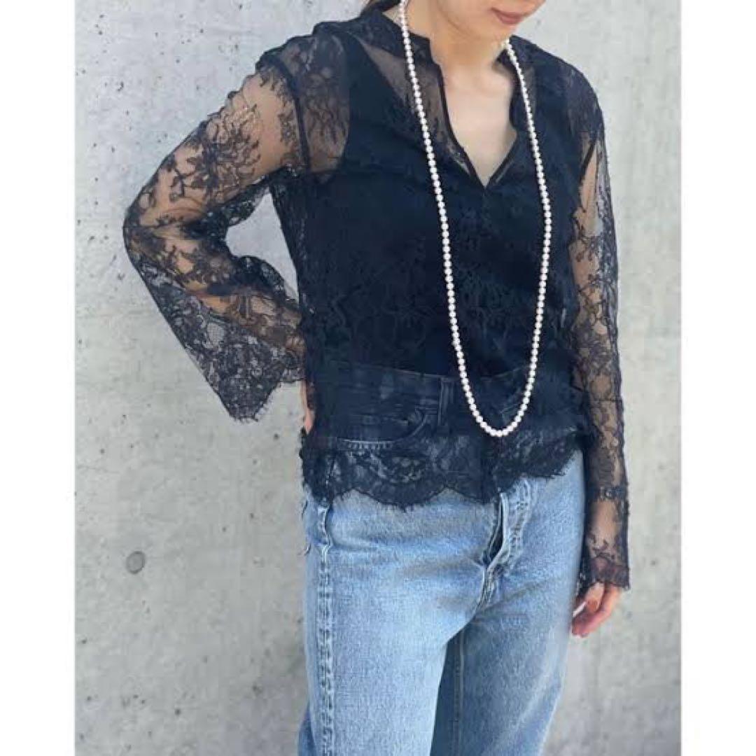 MADISONBLUE フラワーモチーフレースプルオーバーブラウス ネイビー