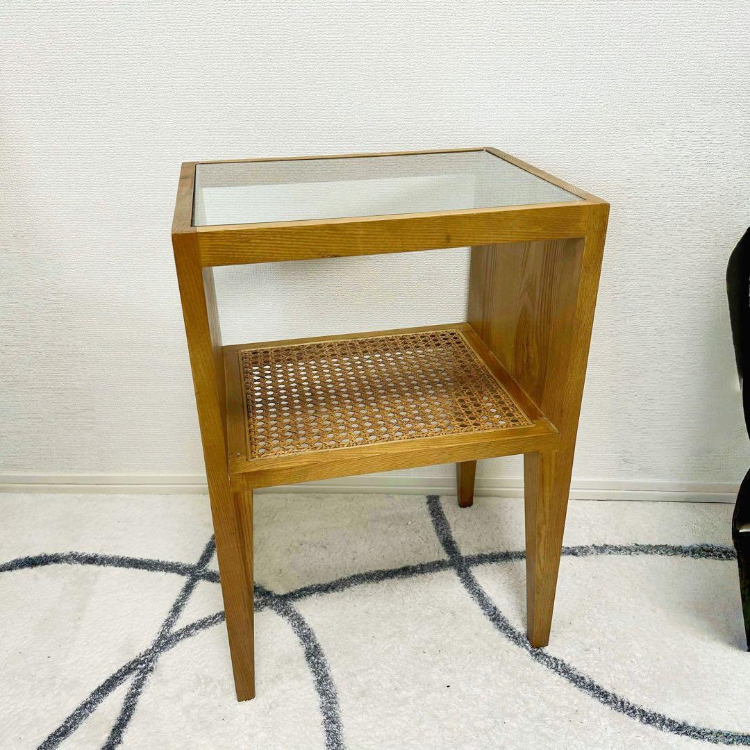 【ZARA  ザラホーム】サイドテーブル　ガラス×ラタン×ウッド