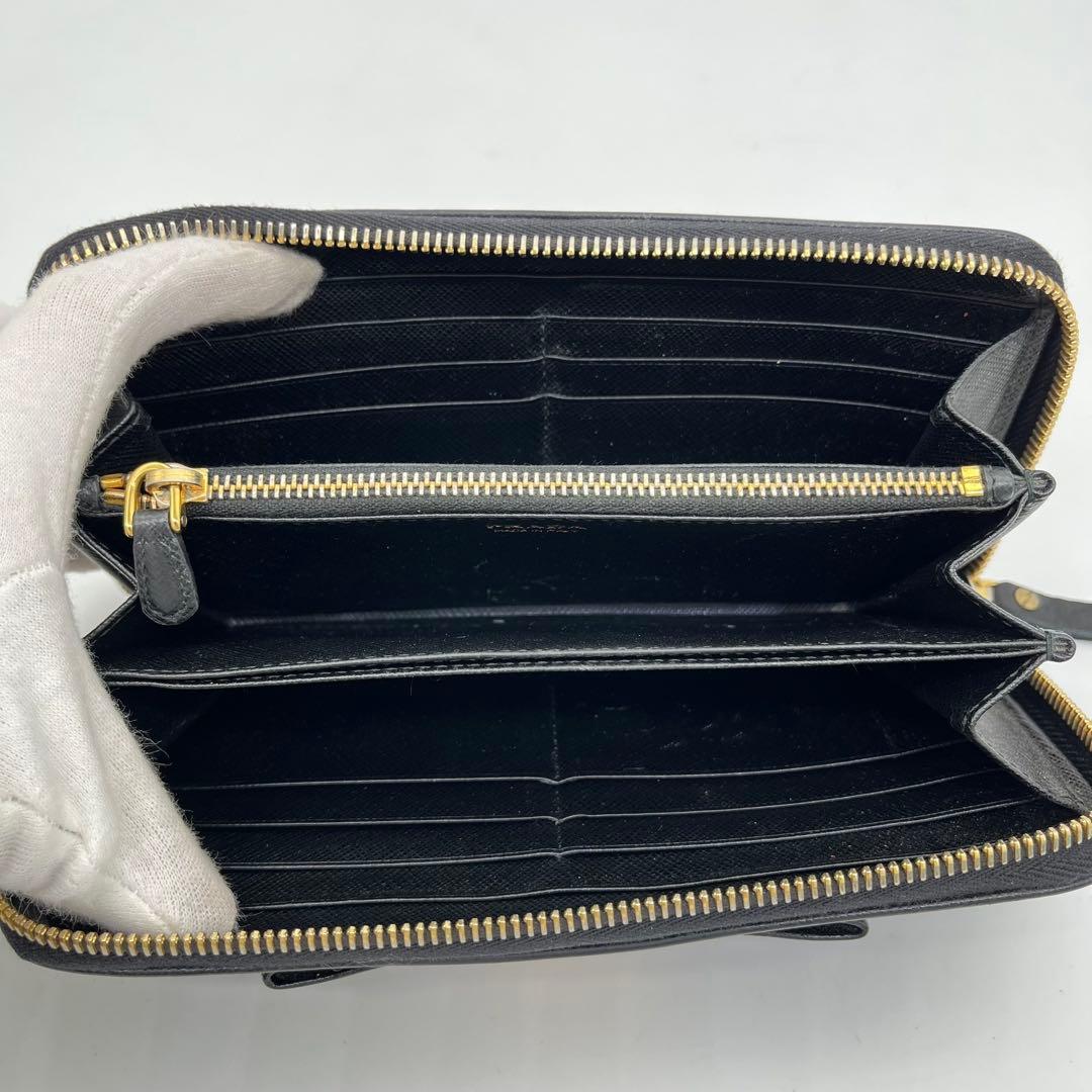 PRADA 長財布 ラウンドファスナー ロゴ金具 リボン サフィアーノレザー 黒