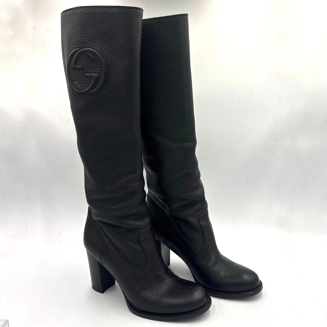 グッチ インターロッキング ロングブーツ 【36】チャンキーヒール ブラック