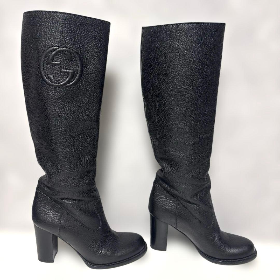 グッチ インターロッキング ロングブーツ 【36】チャンキーヒール ブラック