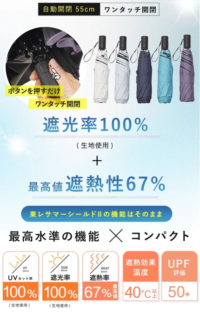 COKAGE+ACTIVE自動開閉55cm晴雨兼用 遮熱軽いPowderBlue