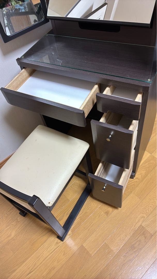 ダークブラウン ドレッサー・鏡台 三面鏡付き