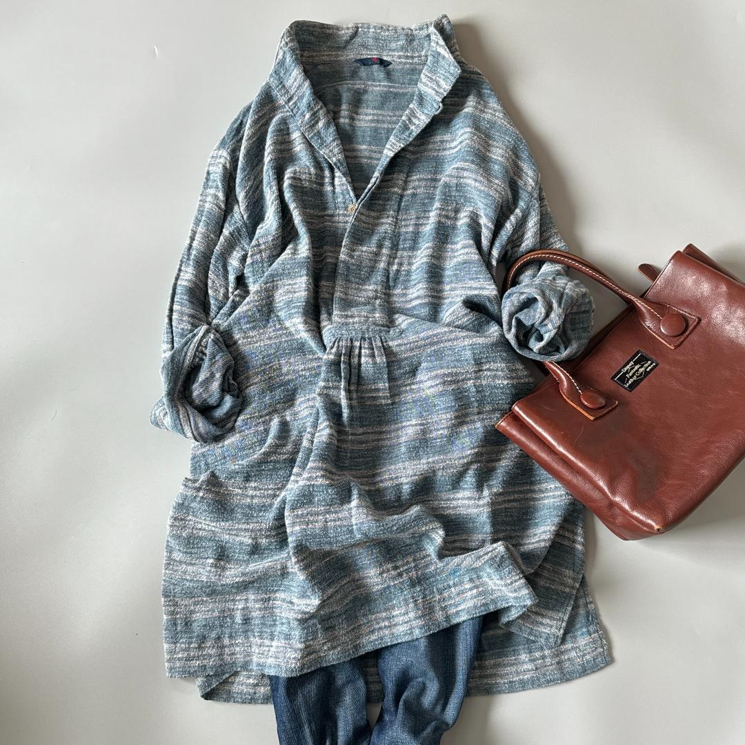 45R 長袖チュニック ブルー　トップス　ワンピース　コットン