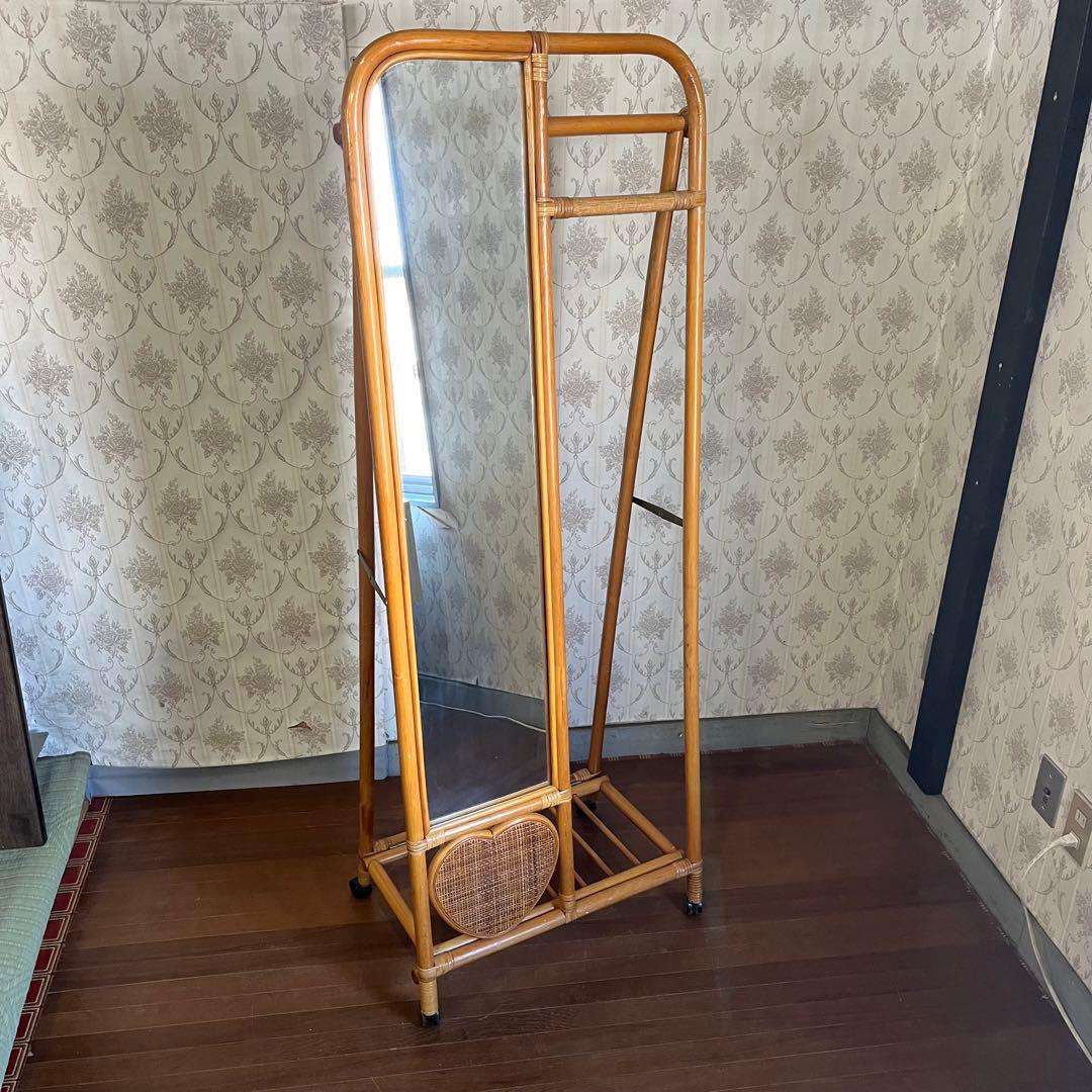 【アンティーク】籐 ラタン ミラー付き 折り畳み式 ハンガーラック 古道具
