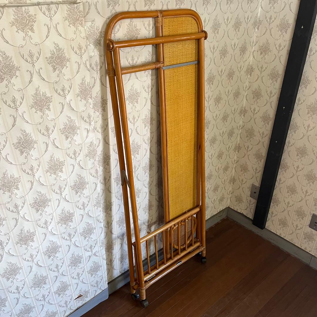 【アンティーク】籐 ラタン ミラー付き 折り畳み式 ハンガーラック 古道具