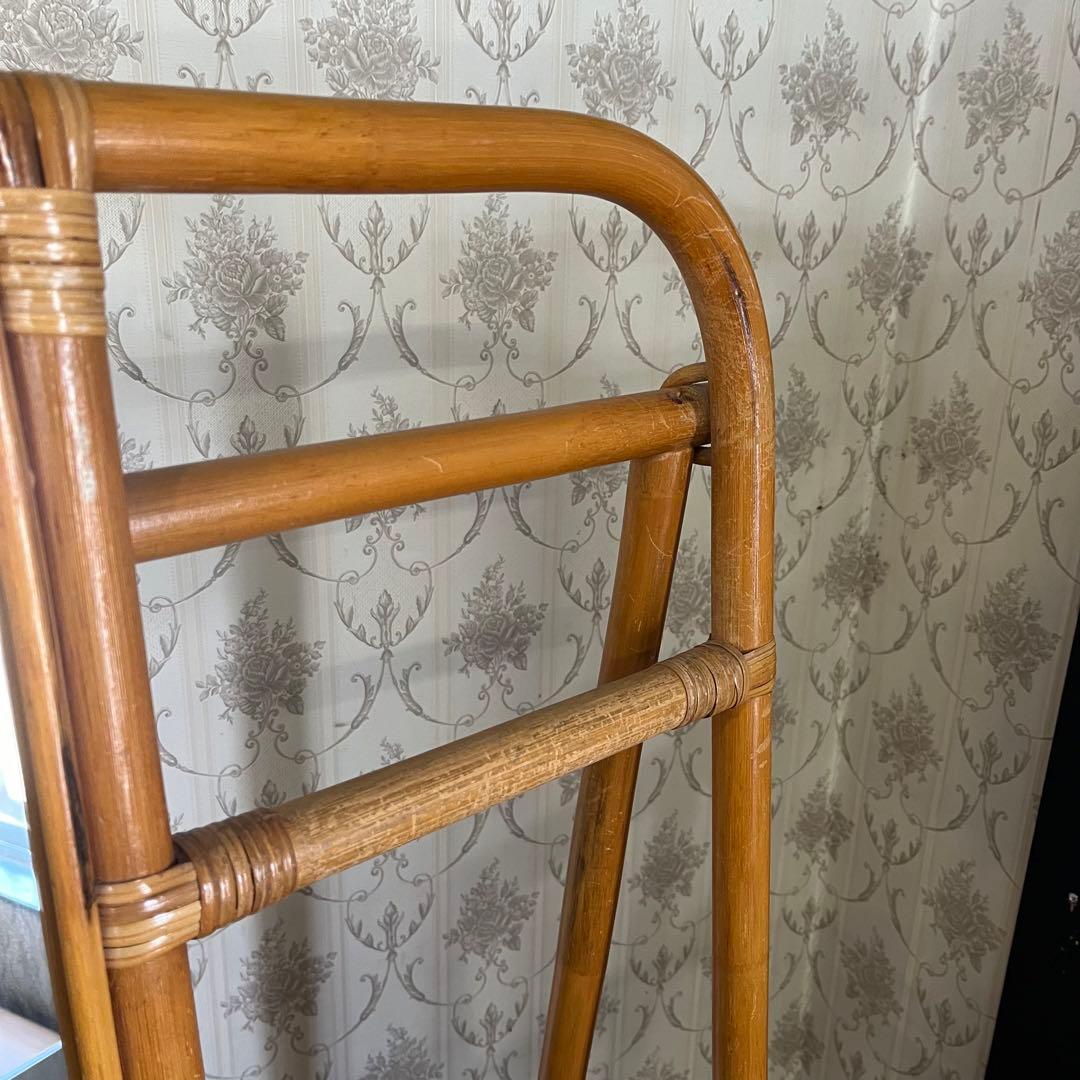 【アンティーク】籐 ラタン ミラー付き 折り畳み式 ハンガーラック 古道具