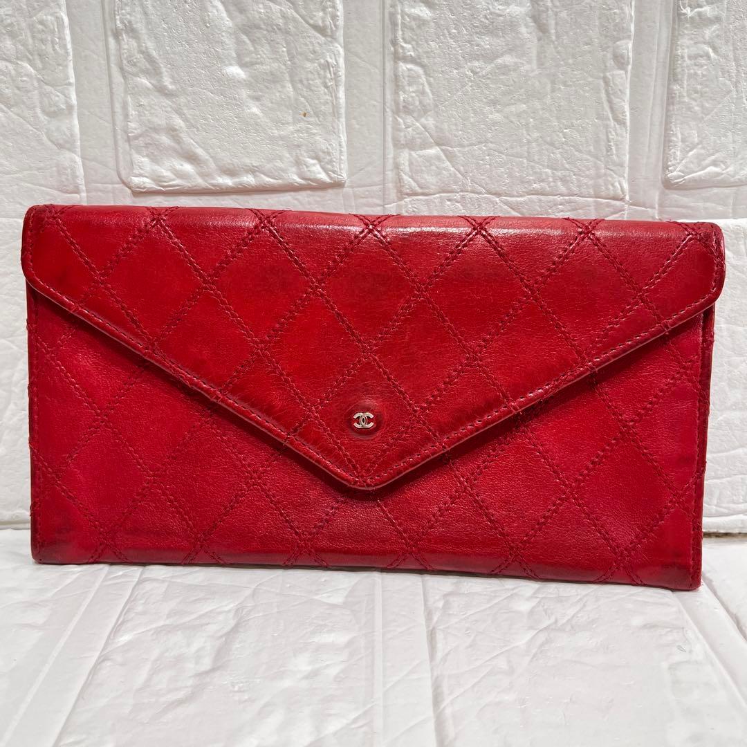 CHANEL ビコローレ　長財布　ダブルステッチ　レッド　ココマーク　レッド