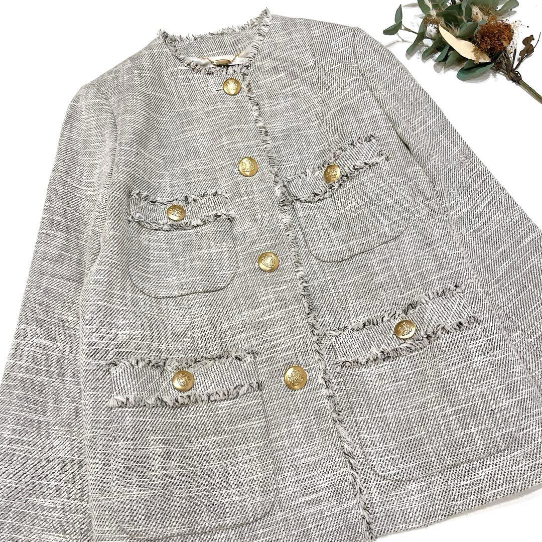 専用ですallureville スラブツイードクルーショートコート 麻　金ボタン