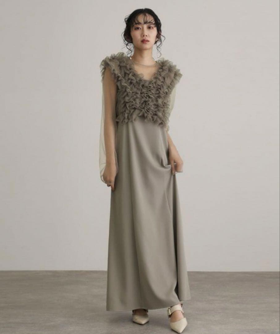 【atlo】3way オケージョンドレス　フリルオフショル　ベージュ Mサイズ