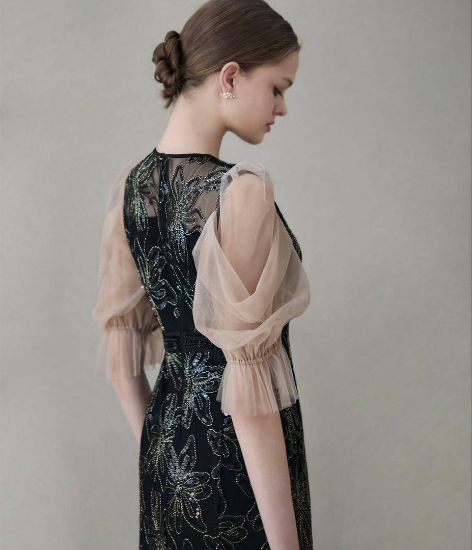 【LEJA】スパンコールフラワーリボンチュールワンピースドレス