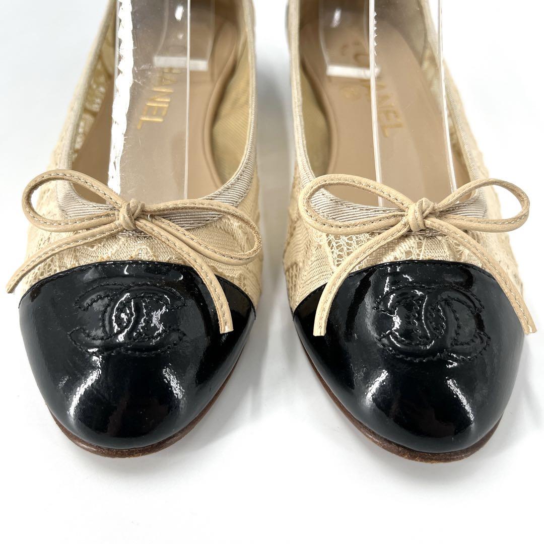シャネル　パンプス　ココマーク　バレエシューズ　バイカラー　レース　35 1/2