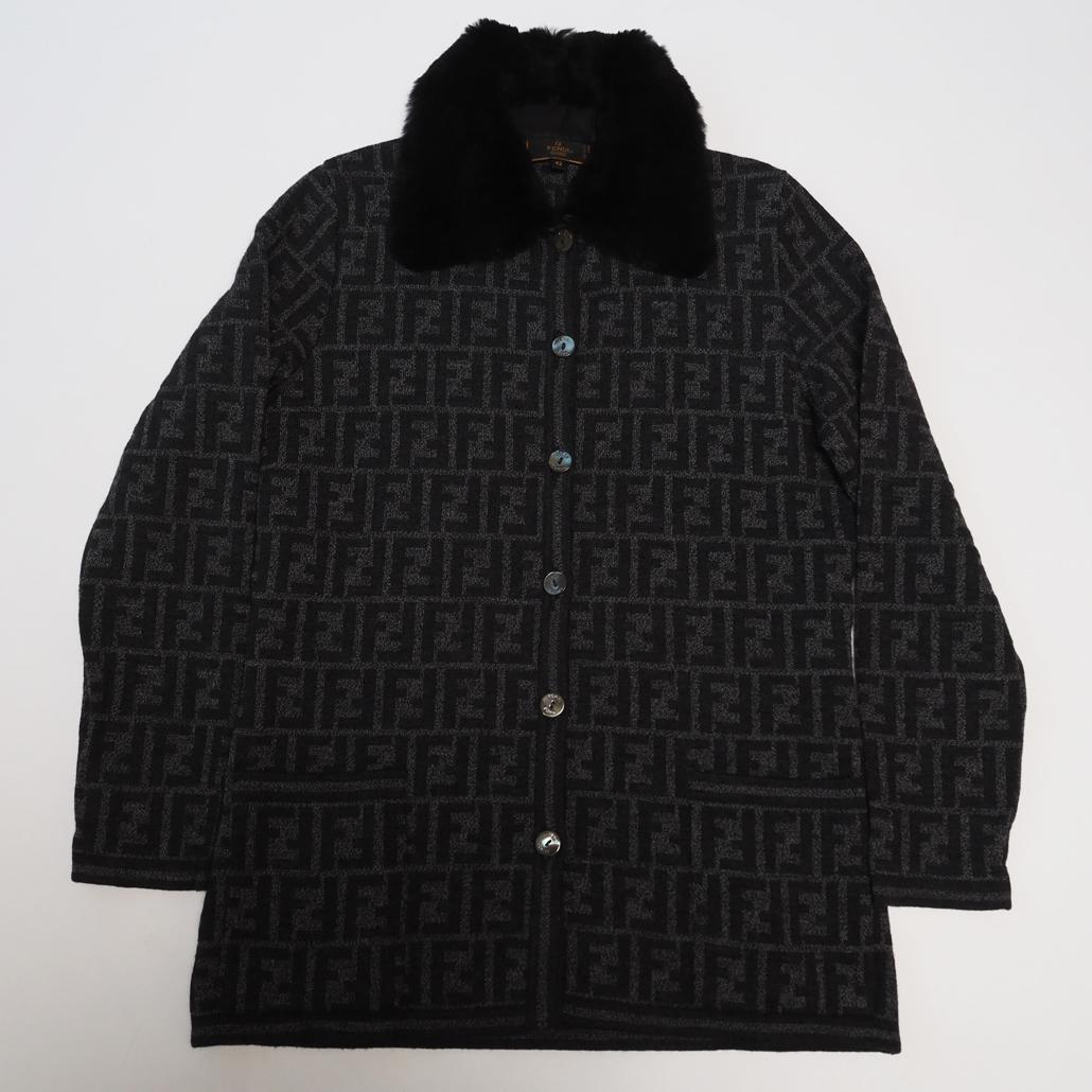 80s 90s FENDI ズッカ柄 ラビットファー ロゴ総柄ニットコート 42