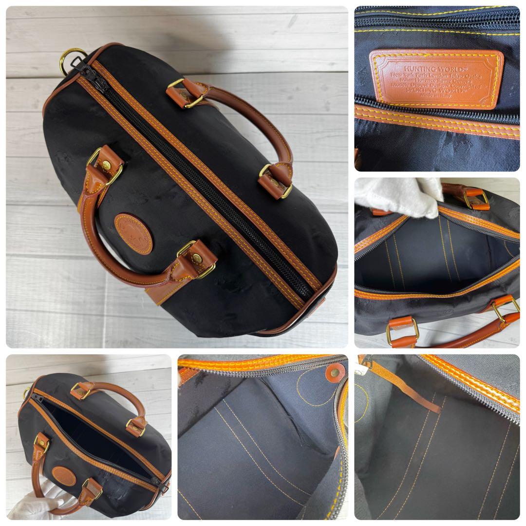 【美品】ハンティングワールド　ミニボストンバッグ　レザー　ナイロン　ロゴ　黒