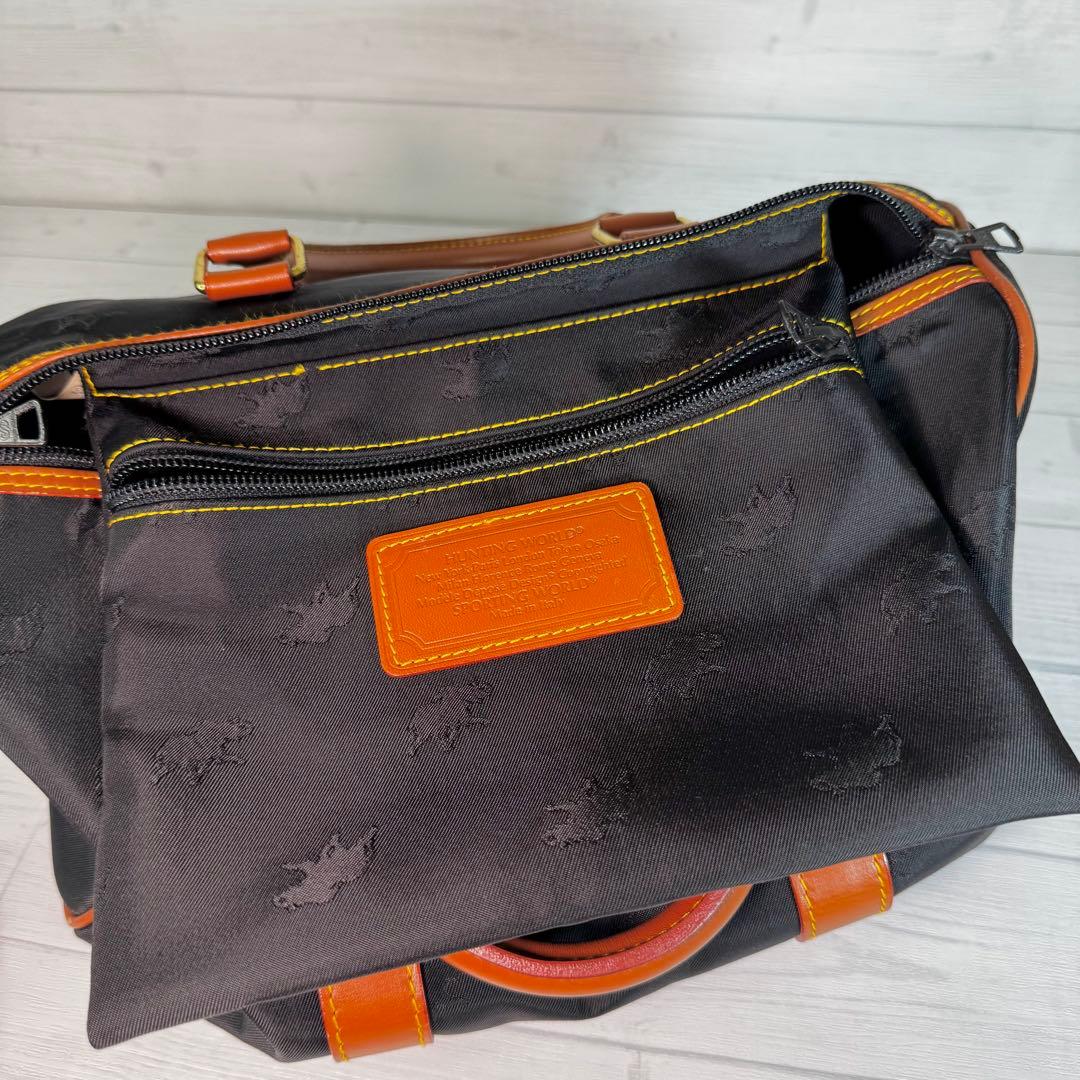 【美品】ハンティングワールド　ミニボストンバッグ　レザー　ナイロン　ロゴ　黒