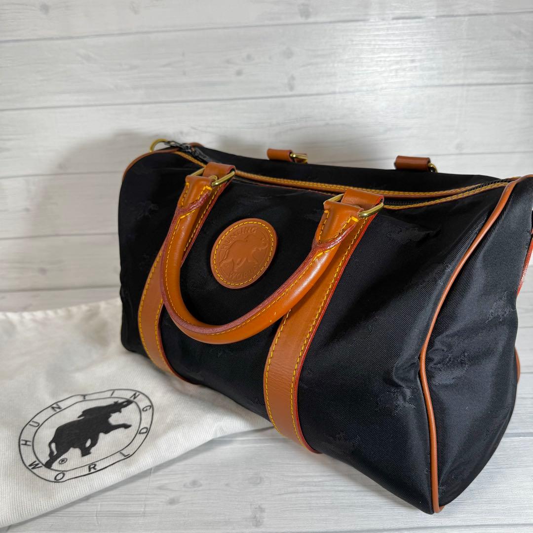 【美品】ハンティングワールド　ミニボストンバッグ　レザー　ナイロン　ロゴ　黒