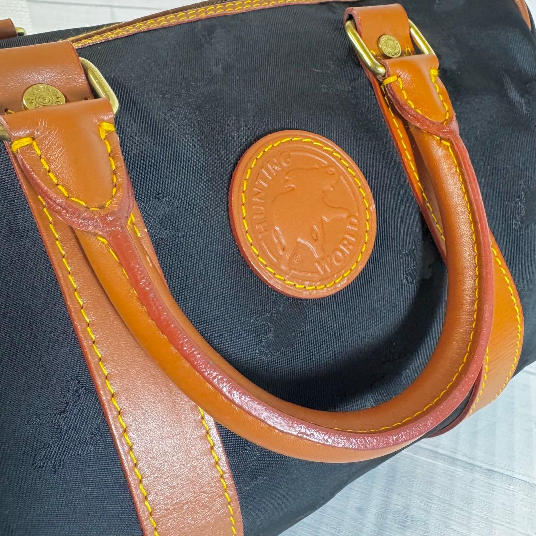 【美品】ハンティングワールド　ミニボストンバッグ　レザー　ナイロン　ロゴ　黒