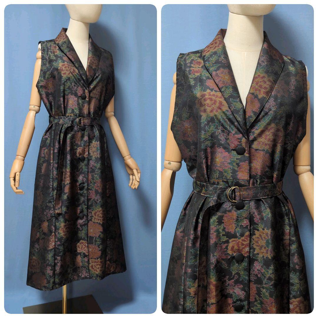 着物リメイク　やや難あり　大島紬ショールカラージレワンピース　L〜XL