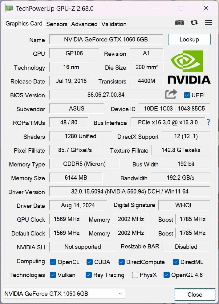 ASUS GeForce GTX 1060 6GB グラフィックボード。