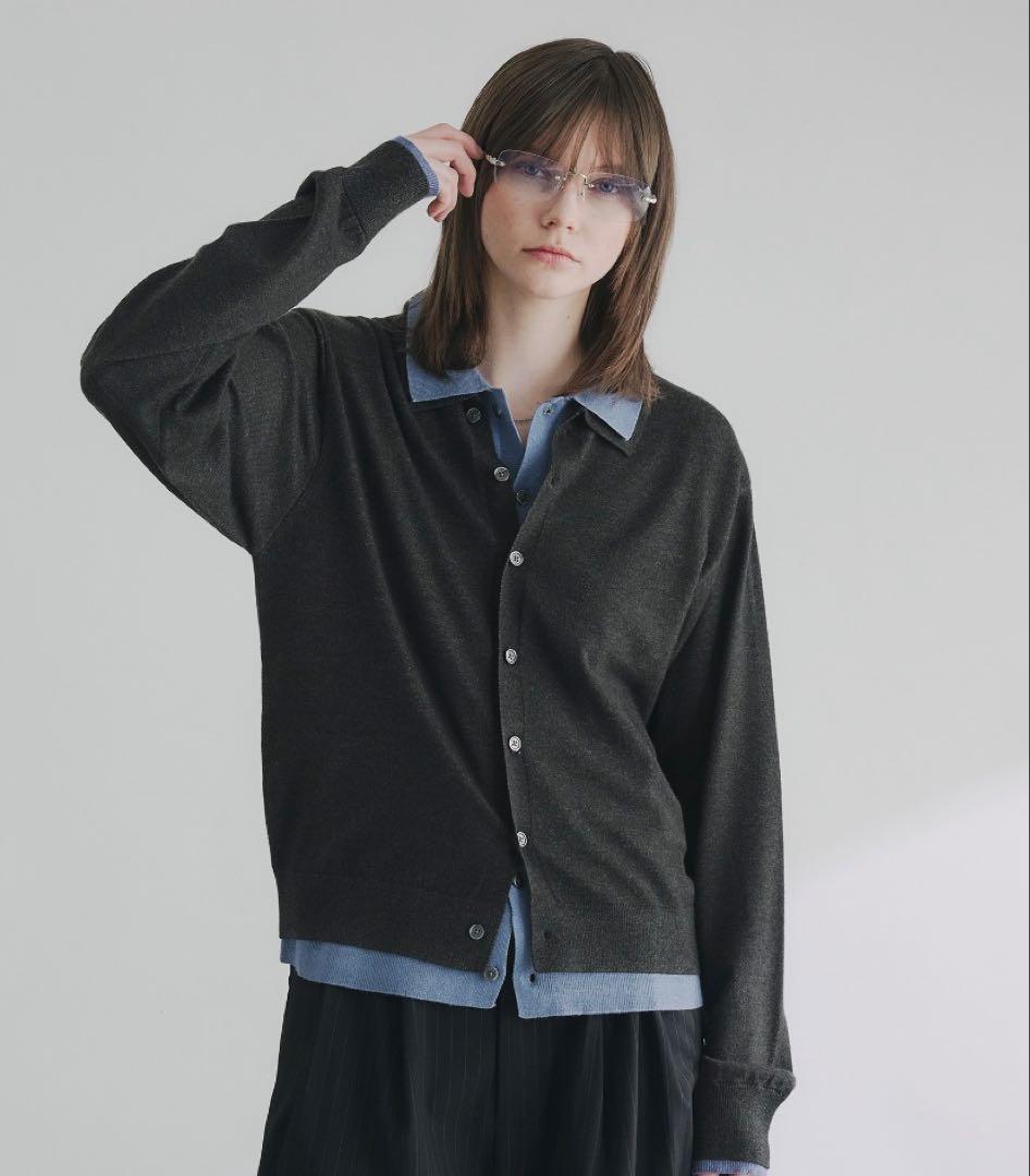 新品　selleglante レイヤードスタイルハイゲージニットシャツ　ブルー