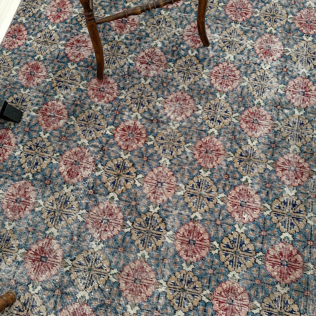 トルコ ヴィンテージラグA3 大判 レア ブルー グレー ベージュ ピンク