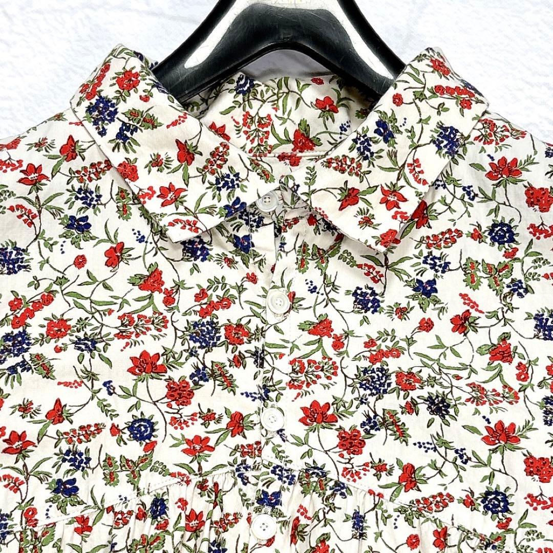 ✨美品✨45R　ブラウス　チュニック　前開き　花柄　総柄　ギャザー　マルチカラー