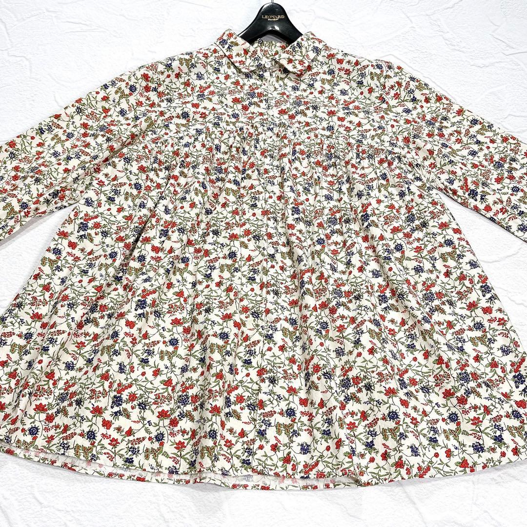 ✨美品✨45R　ブラウス　チュニック　前開き　花柄　総柄　ギャザー　マルチカラー