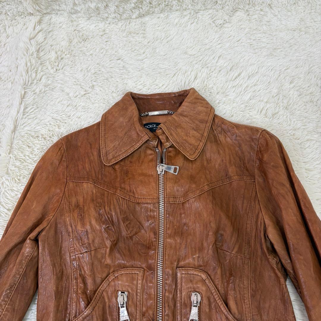 美品　ドルガバ　シングルライダースS 茶色　ラムレザー　色ムラ•シワ加工