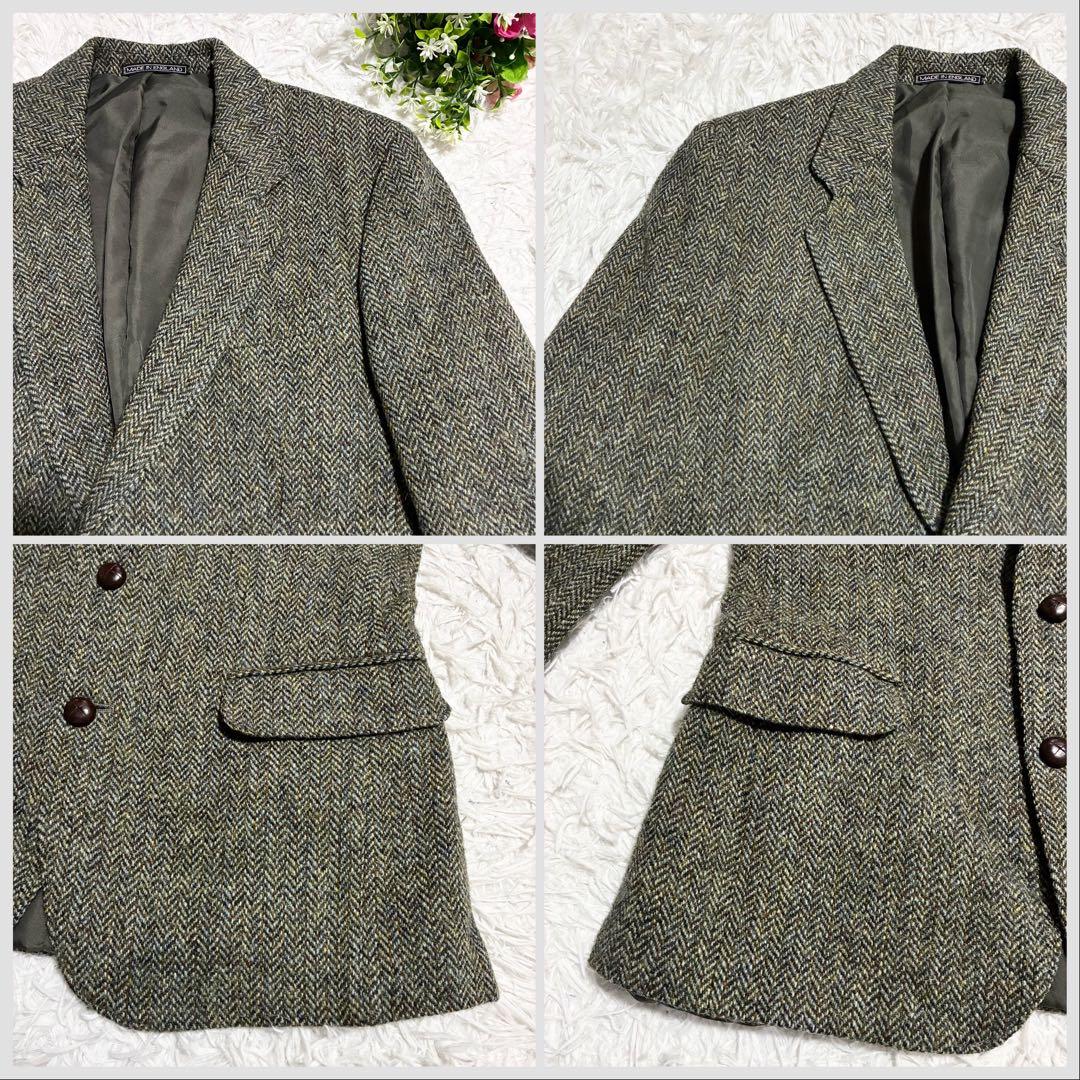 【ハリスツイード】英国製 ヘリンボーン柄テーラージャケット グリーン系 S