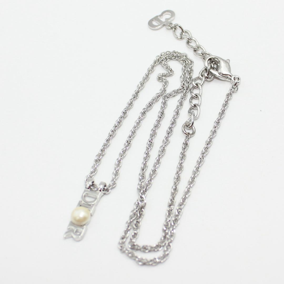 美品 Dior クリスチャンディオール ロゴ パール シルバー ネックレス