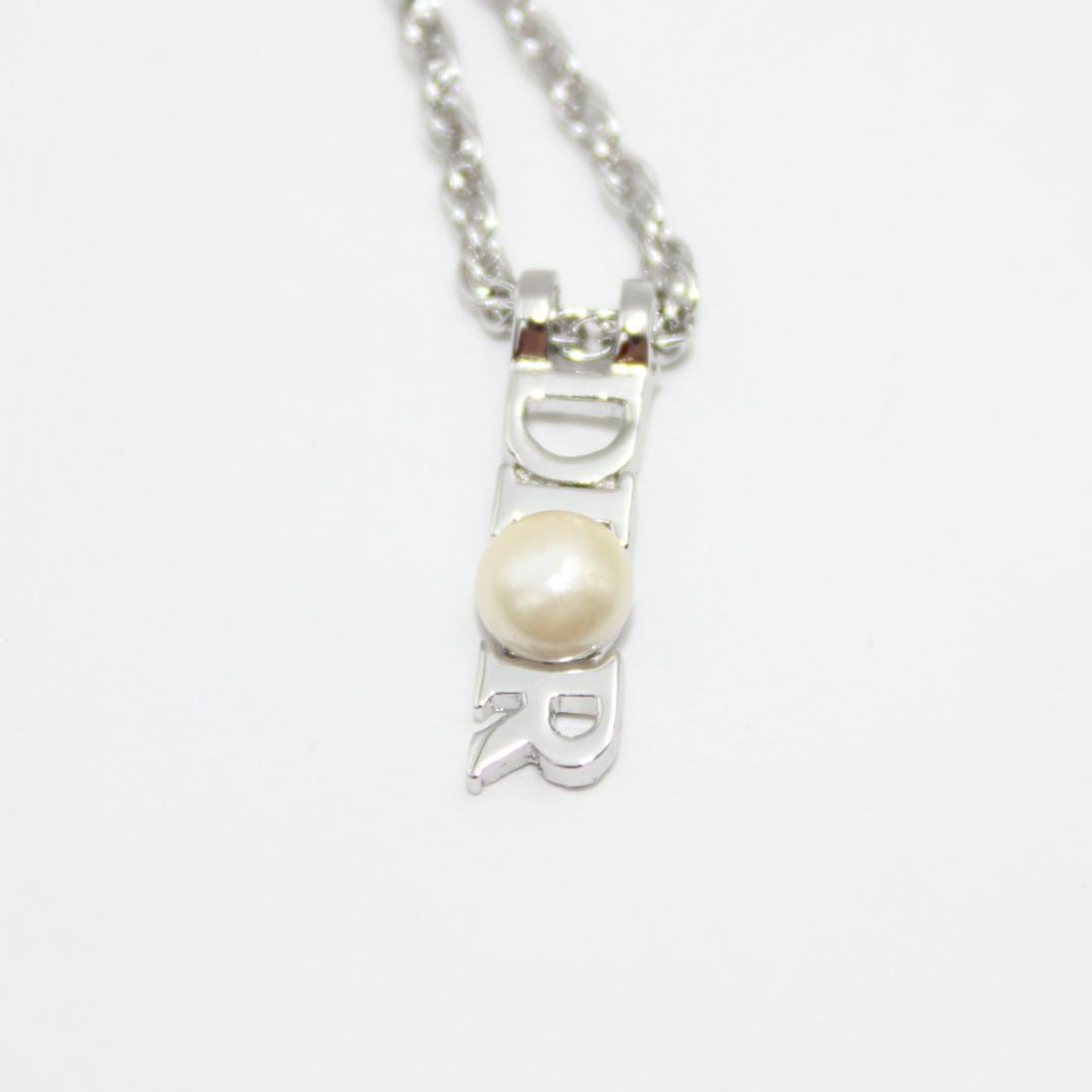 美品 Dior クリスチャンディオール ロゴ パール シルバー ネックレス