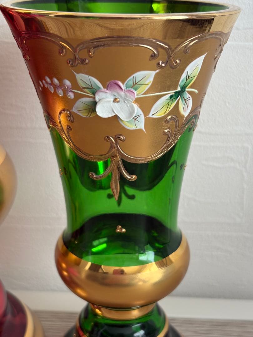 ベネチアングラス 花瓶 2点ペアセット エナメル彩 ムラーノ島 ヴィンテージ