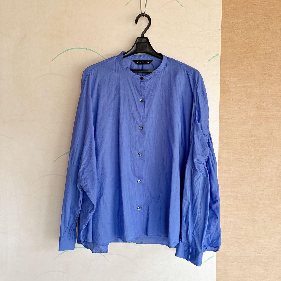 mizuiroind バックギャザーワイドシャツ ブルー