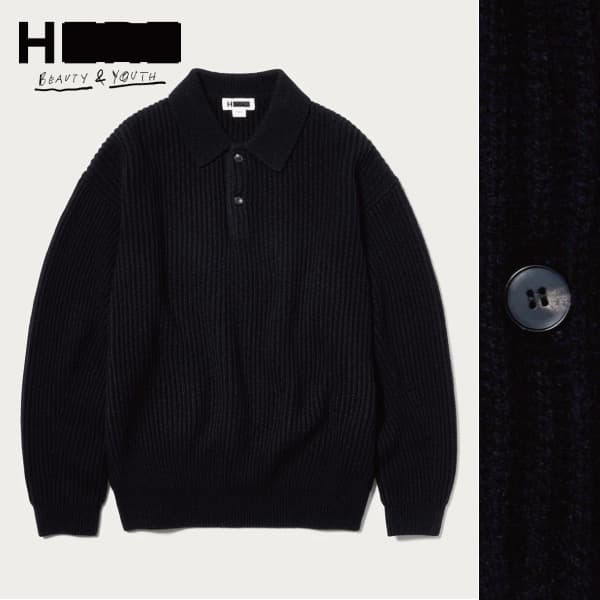 H BEAUTY&YOUTH カシミヤ混 ウール ニットポロ セーター S 黒