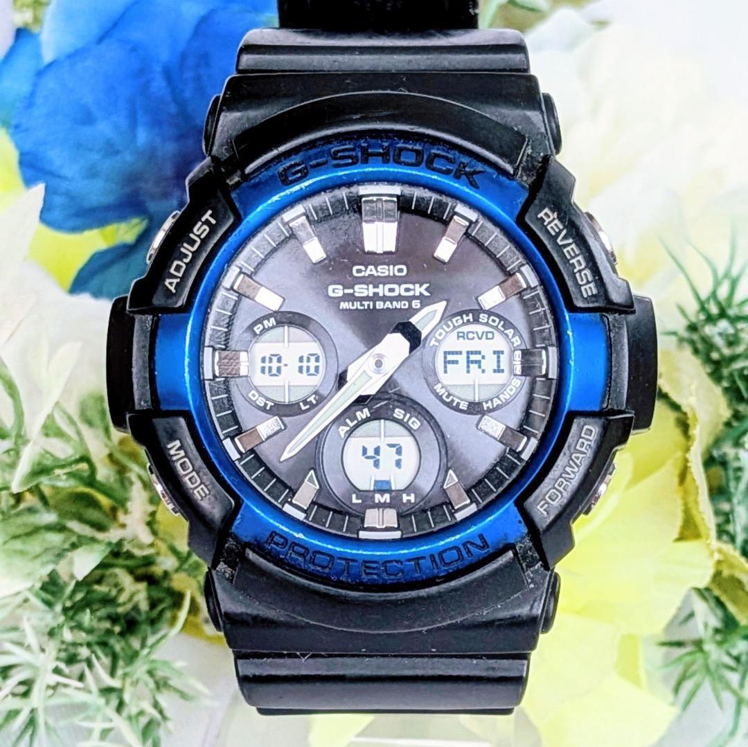 良品 CASIOカシオ メンズ腕時計ブルーG-SHOCK タフソーラー 存在感