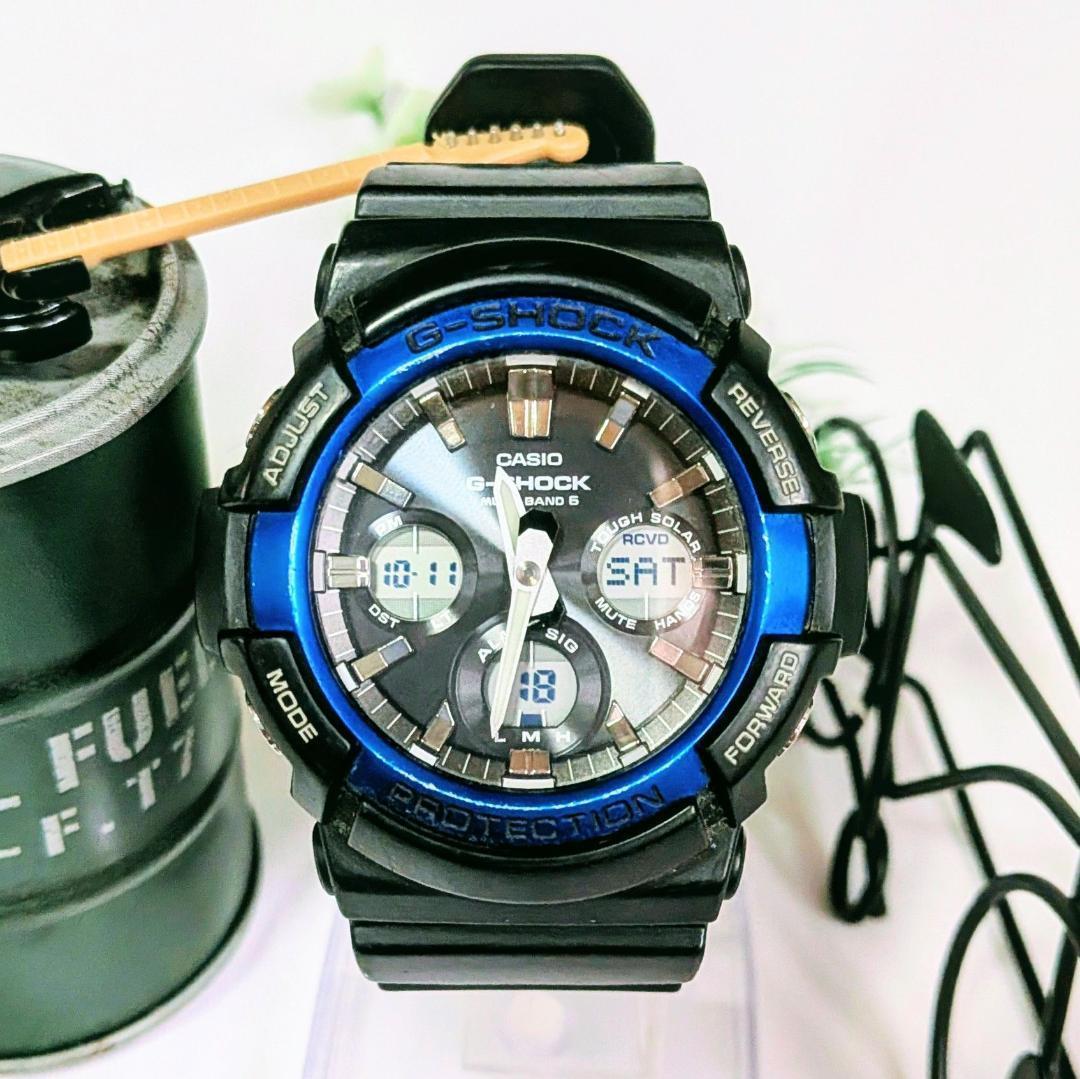 良品 CASIOカシオ メンズ腕時計ブルーG-SHOCK タフソーラー 存在感