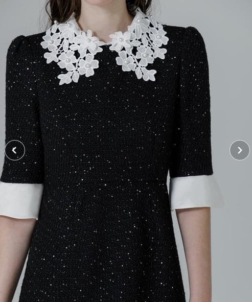 【LEJA】花柄レースカラー スパンコール刺繍 Aラインフレアドレス Lサイズ