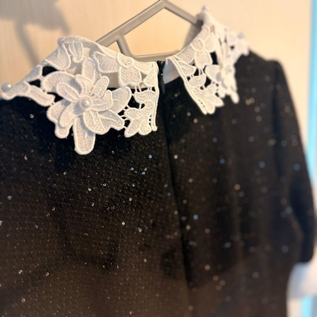 【LEJA】花柄レースカラー スパンコール刺繍 Aラインフレアドレス Lサイズ