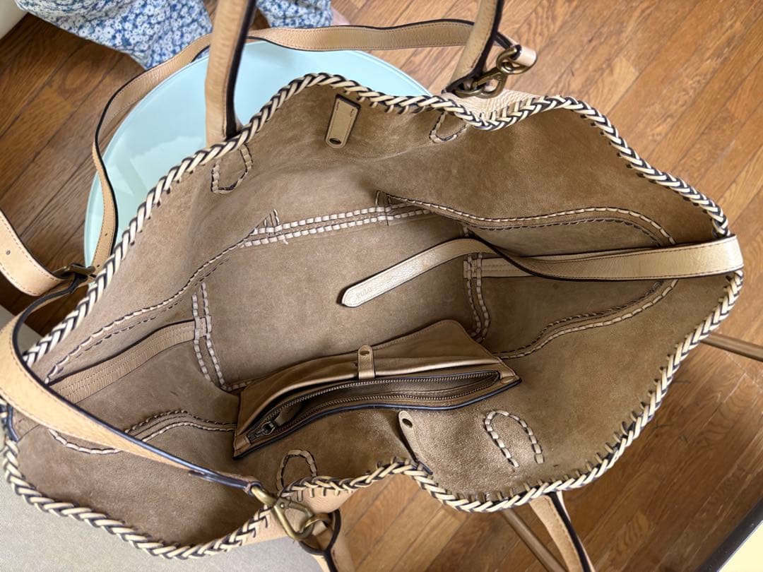 ベージュ レザー トートバッグ 編み込みデザイン