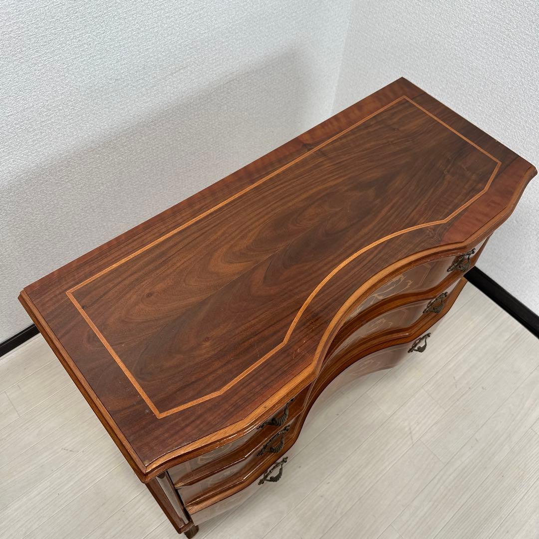 イタリア製 チェスト 3段 象嵌 金属取手 猫脚 i4※