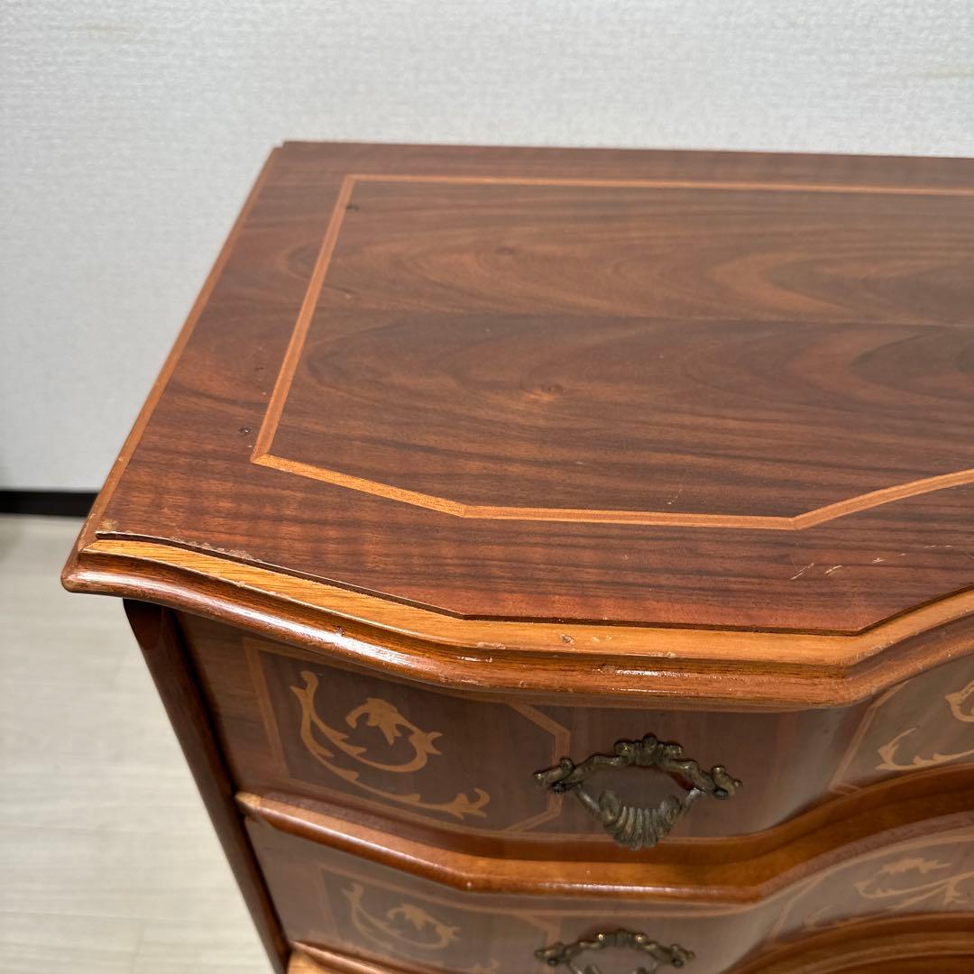 イタリア製 チェスト 3段 象嵌 金属取手 猫脚 i4※