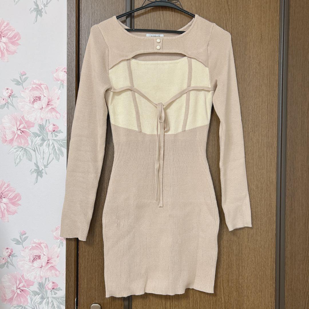 【LIPSERVICE】デコルテオープンバイカラーリボンニットワンピース