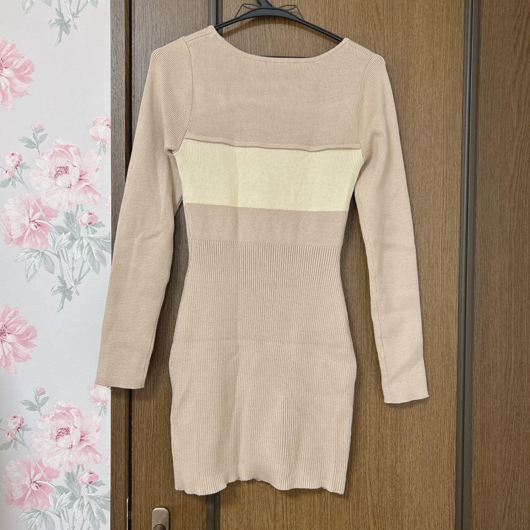 【LIPSERVICE】デコルテオープンバイカラーリボンニットワンピース