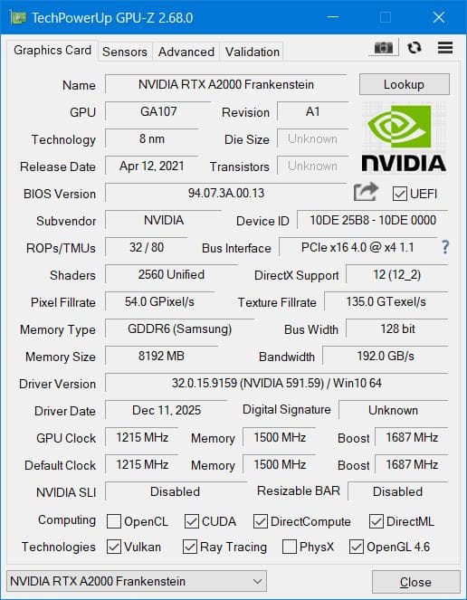 NVIDIA RTX A2000 8G PCIe版 1スロット/ハーフハイト