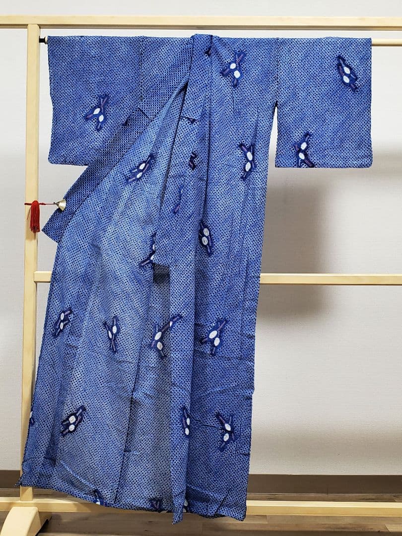 A9 有松鳴海絞り 松葉模様 藍染 白色 綿 浴衣 着物 07