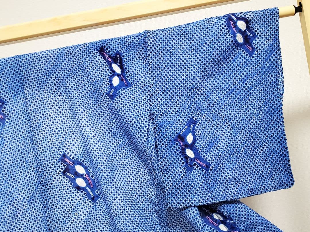 A9 有松鳴海絞り 松葉模様 藍染 白色 綿 浴衣 着物 07