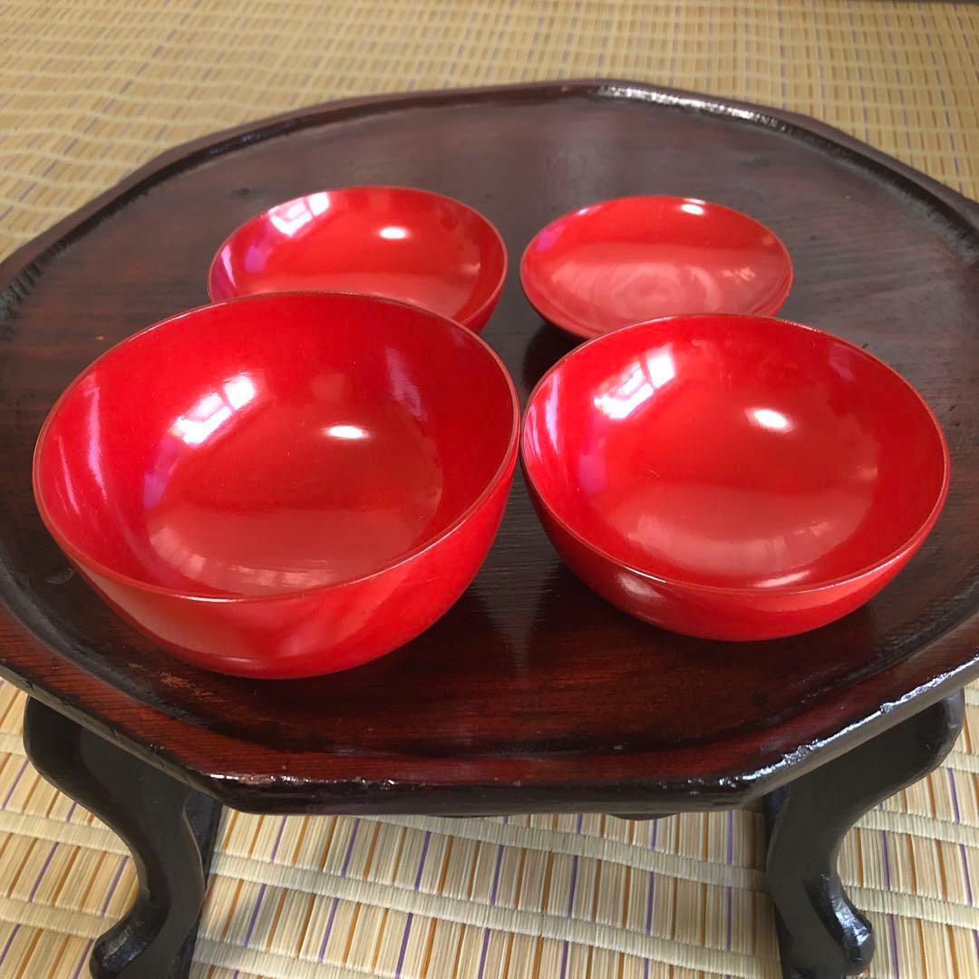 四つ組椀　漆椀4客セット　漆器　朱椀　昔椀　浄法寺塗　天然木　アンティーク