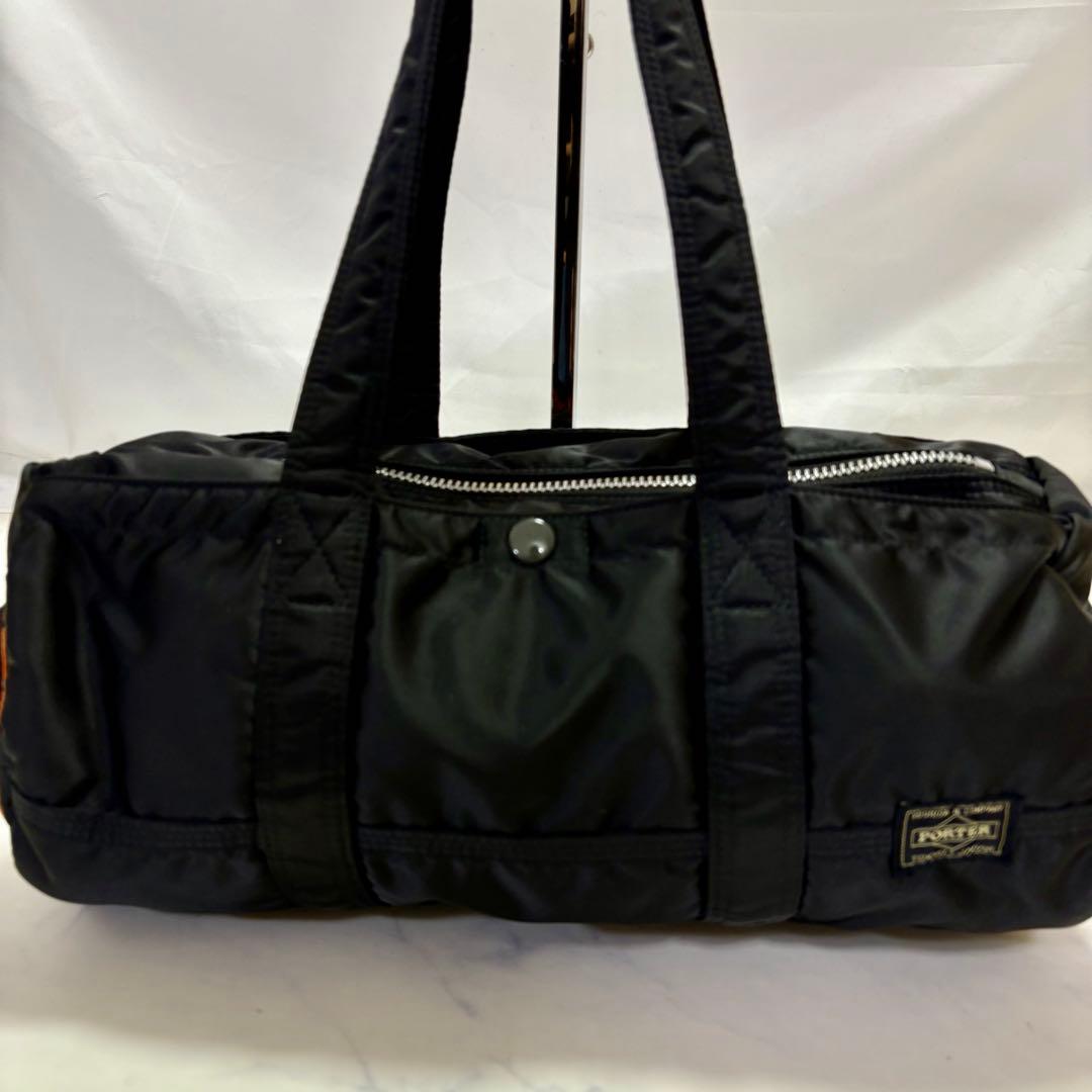 美品 PORTER タンカー ミニボストンバッグ 黒 オレンジ ナイロン ドラム